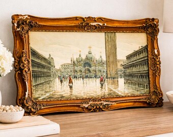 Lovely Venice Scene Watercolor Antique Painting St. Marks Basilica Square Ornate Frame Art European Grand Tour Wall Decor