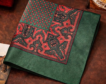 Vintage Ralph Lauren Pocket Square Silk Made in England Green Red Paisley Hand Rolled Men's Fashion