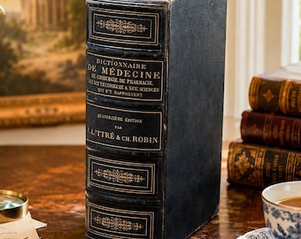 Fascinating Antique 1878 French Medical Dictionary Leather Bound Book Victorian Library Home Decor