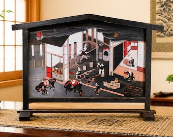 Incredible Antique Japanese Hand Painted Tsuitate Wood Table Screen Traditional Sake Brewery Scene Japan Asian Home Decor