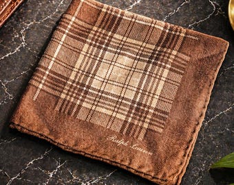 Sophisticated Plaid Tartan Brown Vintage Ralph Lauren Purple Label Cashmere Silk Pocket Square Menswear Fashion
