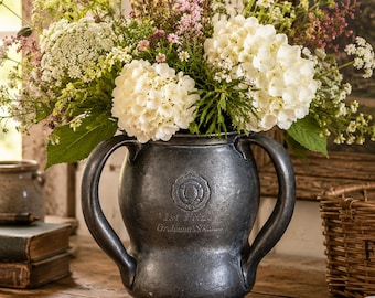 Wonderful Time Worn Triple Handle Antique Trophy Cup Rustic Country Vase Home Decor