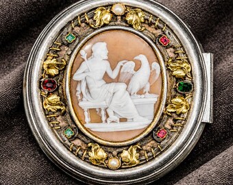 Magnificent Antique Grand Tour Box 19th Century Carved Shell Cameo Mixed Metals Gemstones Zeus Neoclassical Continental Silver