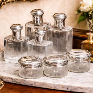 Exquisite Quality Antique French 950 Sterling Silver 7 Piece Vanity Dresser Set Jar Scent Perfume Bottle Neoclassical Dressing Table Decor