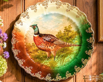 Charming Antique Pheasant Plate Hand Painted Bavaria Porcelain Hunting Lodge Wall Home Decor