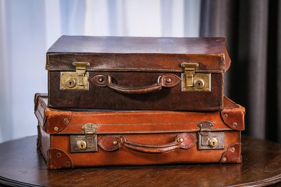 Leather Suitcase Home Goods Suitcase Beautiful Pair (2) Antique - Main Image