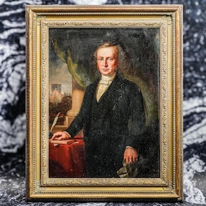 Stately English School Antique Framed Formal Portrait of Man Oil Painting Art Home Wall Decor