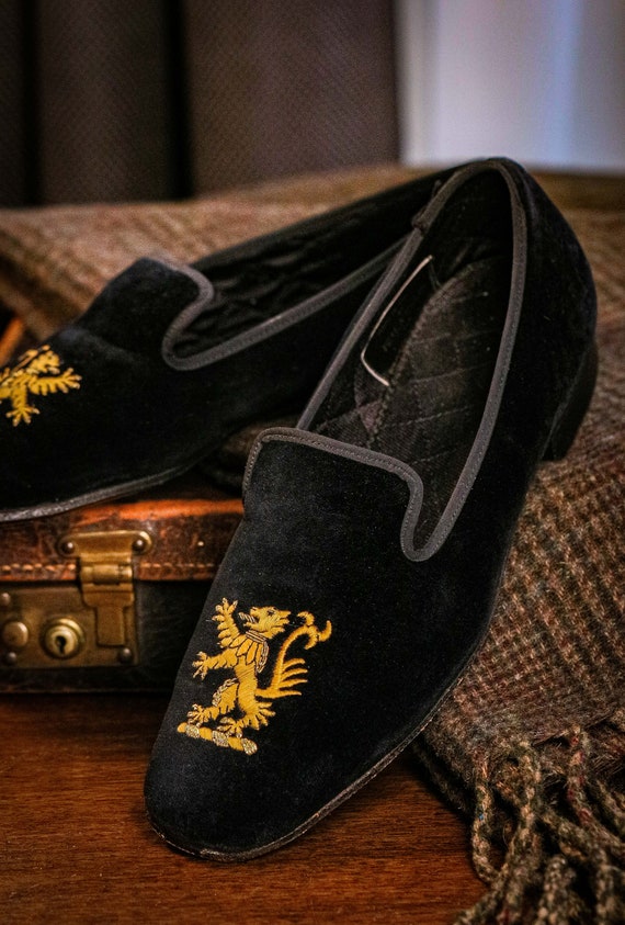 Stately Rampant Lion Gold Bullion Embroidered Black Velvet Smoking Slippers Loafers Mens Shoes 7D Brooks Brothers Peal Co Etsy Canada