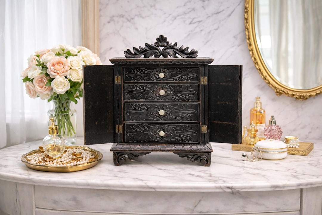 wonderful-hand-carved-wood-miniature-cabinet-chest-of-drawers-victorian