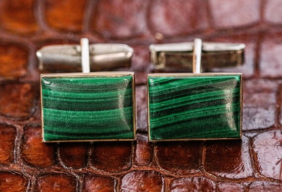 Handsome Polished Malachite 14k Gold Frame Sterli… - image 2