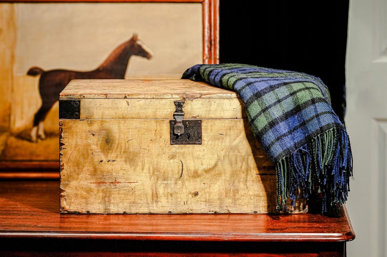 Puede incluir: Un cofre de madera con herrajes met&aacute;licos y una manta a cuadros azul, verde y negro. Una pintura enmarcada de un caballo est&aacute; en el fondo. El cofre est&aacute; sobre una mesa de madera.