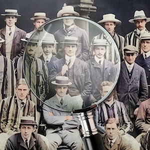 May include: A group of men in striped shirts and hats pose for a photograph. A magnifying glass highlights a man in a suit with his arms crossed.