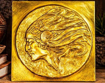 Heavy Solid Large Brass Metal Art Plaque Native American Indian Chief Sculpture Western Home Decor