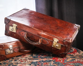 Beautiful Large Thick Leather Antique Travel Suitcase Luggage with Brass Hardware Retro Home Decor