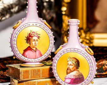 Superb Pair Antique Hand Painted Porcelain Art Vases Bottles Aesthetic Movement Grand Tour Style Home Decor