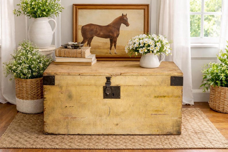 Puede incluir: Un ba&uacute;l de madera envejecida con detalles de metal negro y una cerradura central. El ba&uacute;l est&aacute; rodeado de elementos decorativos, incluyendo una pintura de caballo enmarcada, flores blancas en una jarra y plantas en macetas. Una alfombra tejida se encuentra debajo del ba&uacute;l.