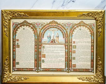 Monumental Antique French Catholic Christianity Tridentine Latin Mass Brass Framed Altar Card