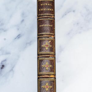 Puede incluir: Lomo de libro antiguo con el t&iacute;tulo "MORAL EMBLEMS" y el autor "STEVENSON" en letras doradas. La cubierta de cuero marr&oacute;n presenta detalles dorados y un emblema rojo. El libro es de Nueva York, 1921.