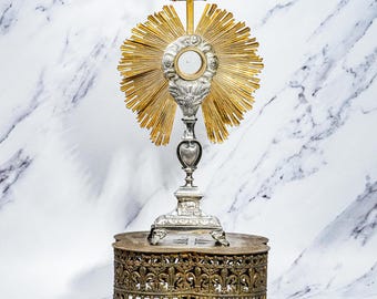Stunning French Antique Catholic Christianity Monstrance with Brass Stand Art Sculpture