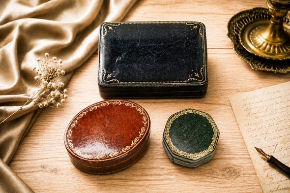 Vintage Italian Leather Box Collection Handcrafted Gilt Decor Keepsake Boxes, Jewelry & Desk Storage, Old World European Home Decor