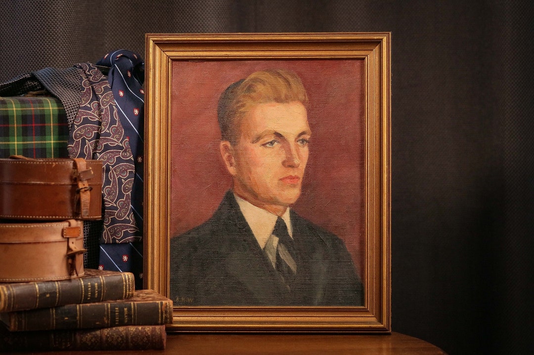 Handsome Antique Mid Century Portrait Oil Painting of Man in Suit Wall ...