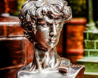 High Relief Vintage Silver Metal Miniature Michelangelo David Art Bust Statue Sculpture Italy Home Decor