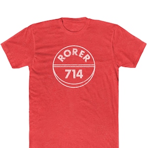 May include: Red t-shirt with a white circle graphic that says "RORER 714".