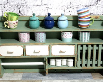 Shabby wooden kitchen shelf spice rack with drawers 70s olive green in shabby country house style