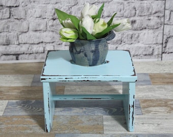 Shabby bois tabouret repose-pieds tabouret bleu clair années 60 shabby chic maison de campagne tabouret en bois mobilier vintage