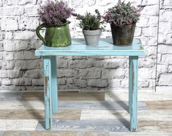 Shabby wooden flower bench stool turquoise blue 60s shabby chic country house wooden stool vintage furniture