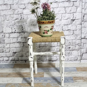 Shabby stool turned wood stool with raffia seat cream white 70s shabby chic furniture vintage country house
