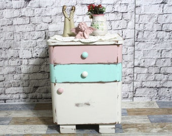 Shabby bedside table cream white rose mint nightstand box made of wood 60s shabby chic furniture vintage country house