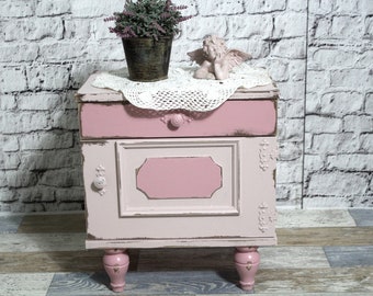Shabby bedside table rosé pink fuchsia nightstand made of wood 60s shabby chic furniture vintage country house