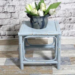 Shabby rattan stool footstool smoke blue 70s shabby chic country house wooden stool vintage furniture