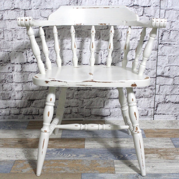 Shabby Stuhl gedrechselter Armlehnenstuhl Country Chair creme weiß 60er Jahre Shabby Chic Möbel Vintage Landhaus Country