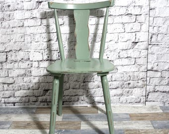 Shabby chic keukenstoel, barstoel, houten stoel, olijfgroen, jaren 60, shabby chic meubels, vintage, landelijke stijl