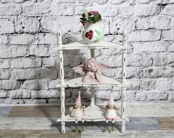 Étagère d'angle shabby, étagère murale, étagère sur pied en bois blanc crème années 60, meubles shabby chic, maison de campagne vintage