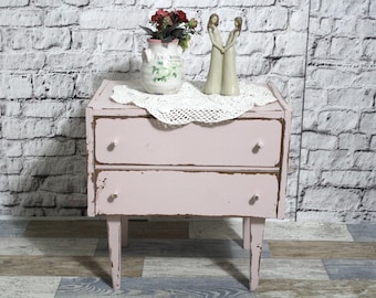 Mesa de cabeceira shabby chic, rosa, mesa de cabeceira de madeira, estilo anos 1950, móveis shabby chic, estilo casa de campo vintage