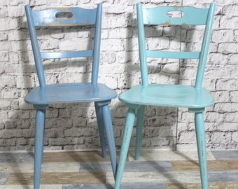 2x Chaise de cuisine minable chaise en bois chaise de salle à manger bleu pastel / bleu turquoise années 60 meubles shabby chic vintage maison de campagne campagne