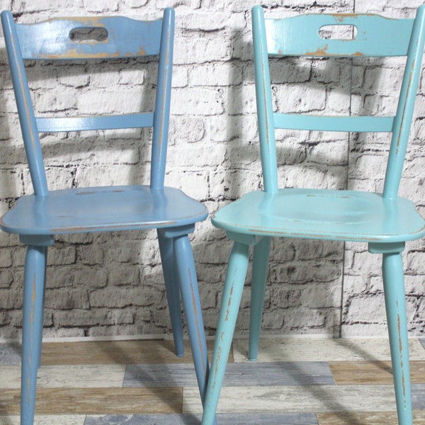 2x Shabby Küchenstuhl Holzstuhl Stuhl Esszimmerstuhl pastell blau / türkis blau 60er Jahre Shabby Chic Möbel Vintage Landhaus Country