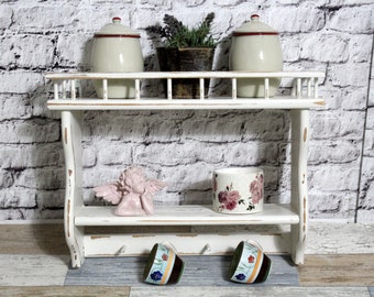 old wooden kitchen shelf spice rack with hooks 60s cream white shabby chic vintage country house