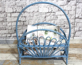 Shabby newspaper stand made of raffia pastel blue 70s shabby chic furniture country house vintage