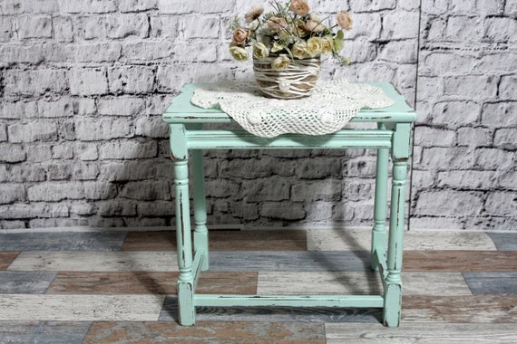 Vecchio tavolo shabby tavolino in legno sgabello verde menta anni '60  mobili shabby chic vintage casa di campagna -  Italia