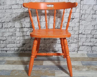 Silla de escalera shabby chic, sillón, silla de madera, silla de cocina, silla naranja, muebles shabby chic de los años 60, estilo rústico vintage