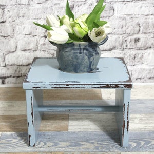 Shabby Wood Stool Footstool Smoke Blue 60s Shabby Chic Country House Wooden Stool Vintage Furniture