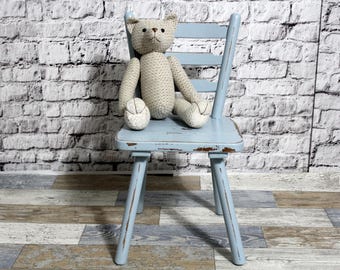 Silla infantil shabby, silla de madera, silla de muñeca, azul humo, muebles Shabby Chic de los años 60, casa de campo vintage