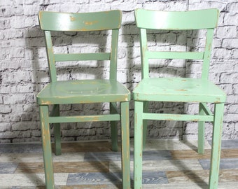 Set of 2 Shabby Chairs Kitchen Chairs Wooden Chairs Sage Green and Olive Green 60s Shabby Chic Furniture Vintage Country House Country