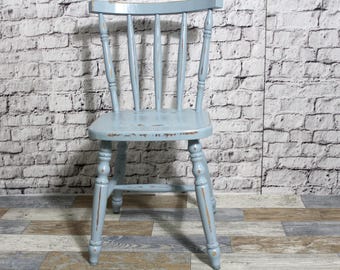 Shabby chic ladderstoel, keukenstoel, houten stoel, eetkamerstoel, rookblauw, shabby chic meubels uit de jaren 60, vintage landhuisstijl