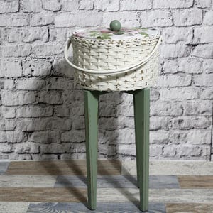 old rattan sewing box sewing basket olive green 70s shabby chic vintage country house furniture