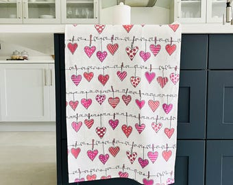 Hearts on the Line Linen Tea Towel: 4th Anniversary Gift